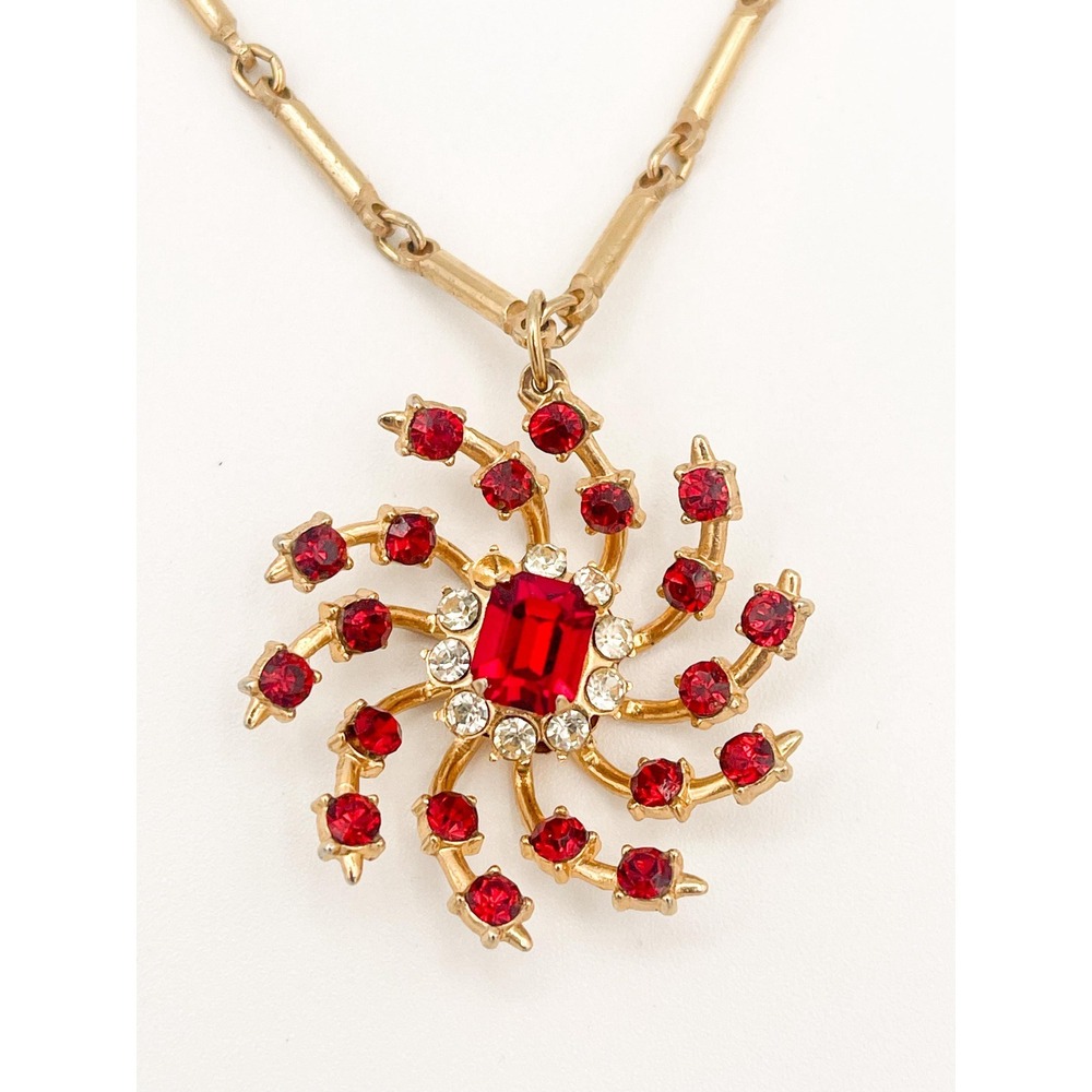 Vtg Coro Signed Rhinestone Necklace - Gold Tone Red & Clear Crystal Swirl AS IS